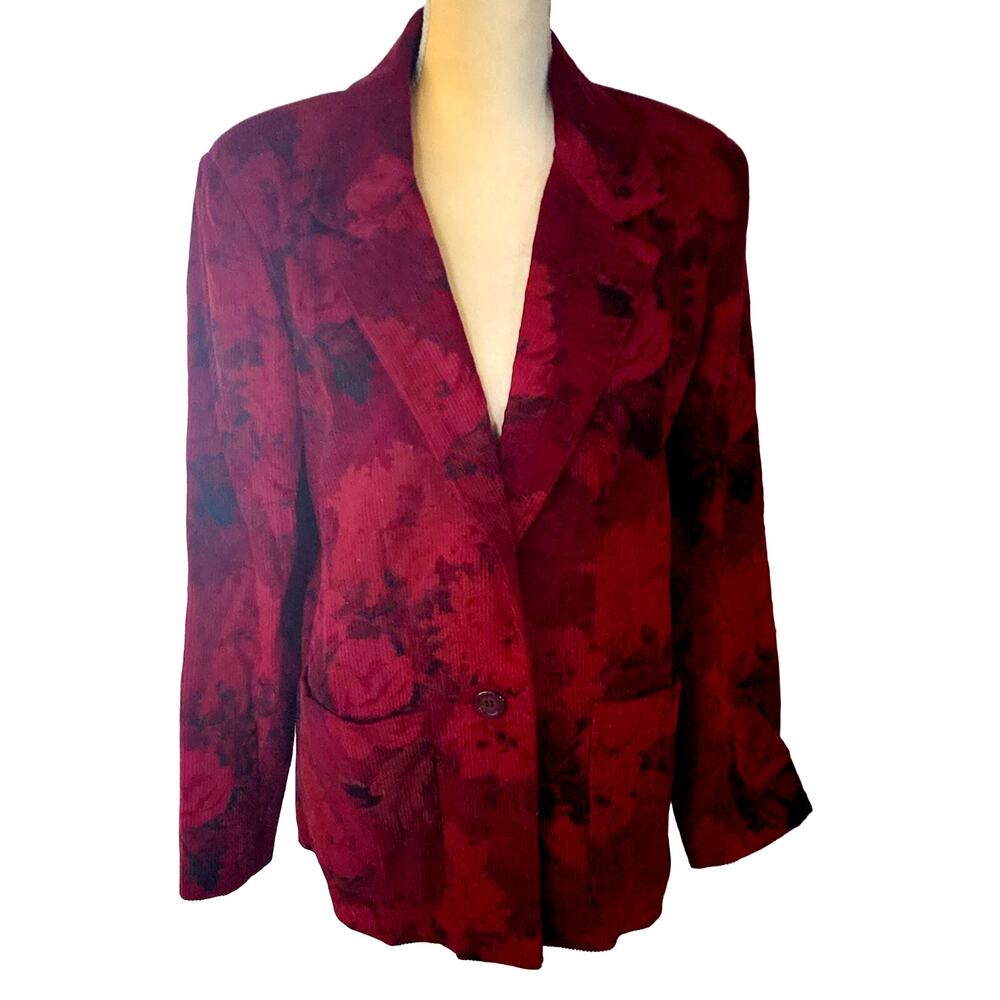 Foxrun Women's Burgundy Floral corduroy Blazer Jacket Cottagecore Size 13/14